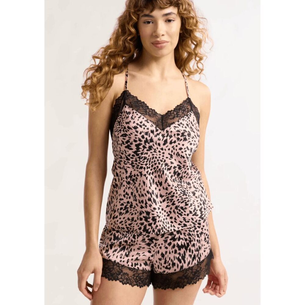 Joyspun Women Cami pink black leopard print 2 piece pj short set size medium